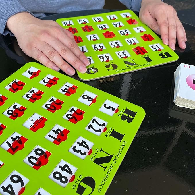 MR CHIPS Jam-Proof Bingo Cards with Sliding Windows, 25 Reusable Shutter Cards, 75 Calling Cards 1 Master Board in Green Style