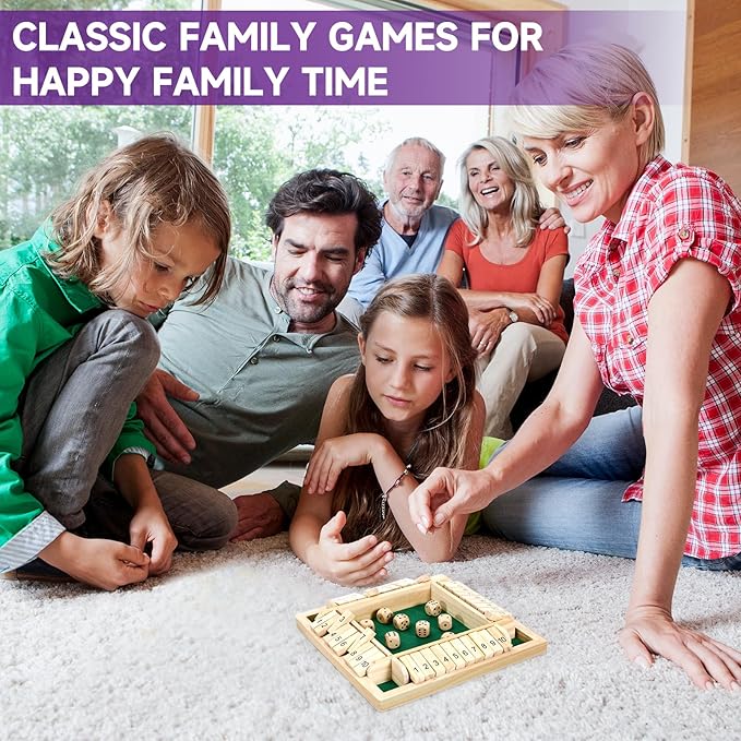 1-4 Players Shut The Box Dice Game, Traditional Wooden Pub Bar Board Game, Family Classics Tabletop Version Games for Classroom, Party, or Pub