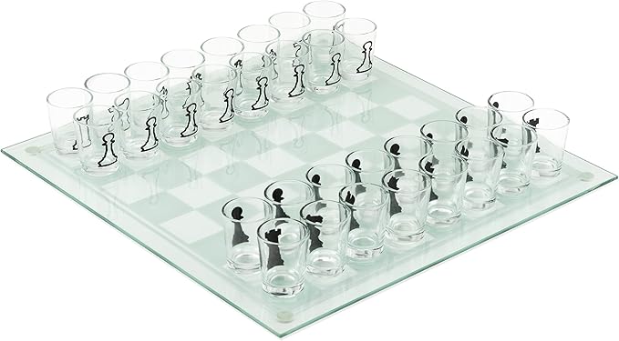True Shot Glass Chess Game, Chess Board with Shot Glass Chess Pieces, Clear Glass and Frosted Glass, Chess Drinking Game