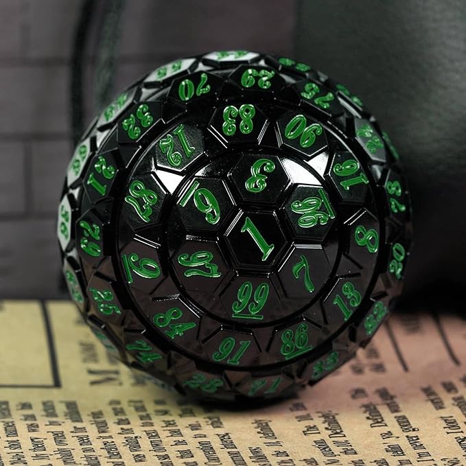 100 Sided Polyhedral Dice, Single D100 Game Dice, 100 Sided Cube with Black Pouch, D100 die 48 mm (Black with Green Number)