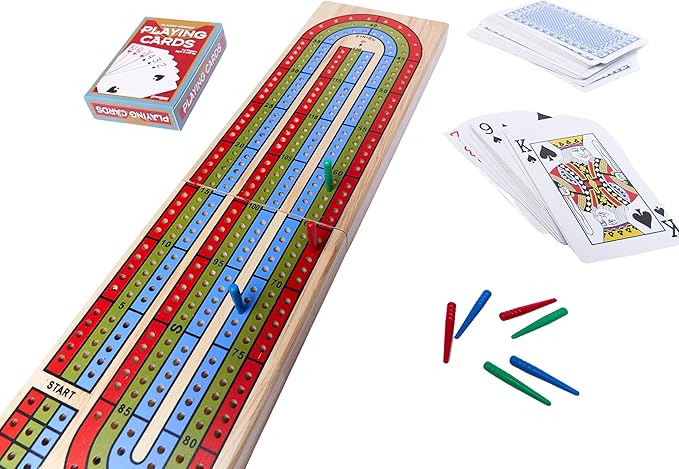 Family Classics Cribbage - Solid Wood Continuous 3 Track Board with Built-In Storage Compartment for Pegs