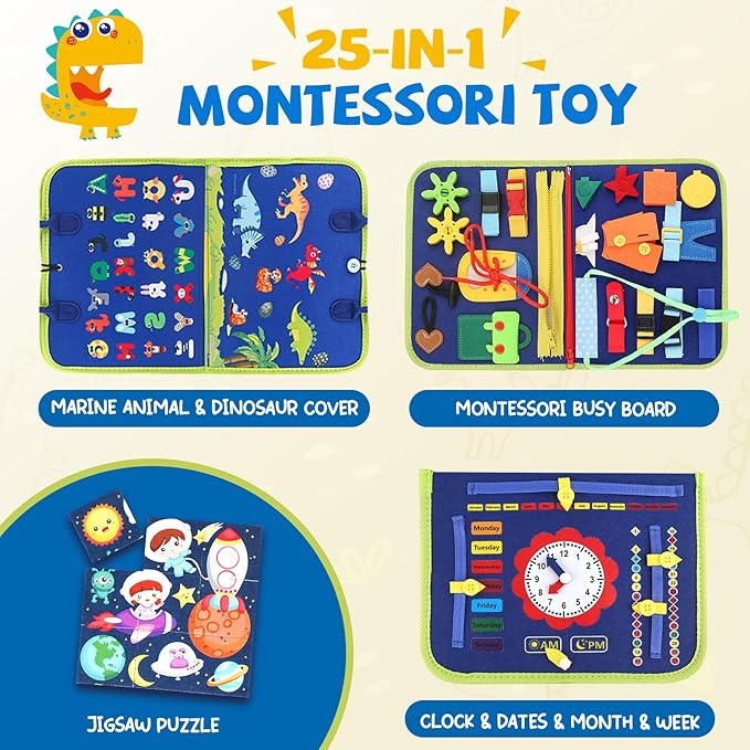 Montessori Busy Board Toys, Sensory Board for Toddlers 1-3, Travel Felt Busy Book for Airplane Car, Activity Busy Mat for Learning Fine Motor Skills Suits Boys Girls Birthday Gifts Blue/P1