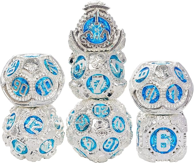 Metal Dice Set D&D, 7-Die DND Dice Metal Gear Dice with Gift Dice Bag for DND Dungeons and Dragons Role Playing Games (Silver Blue)