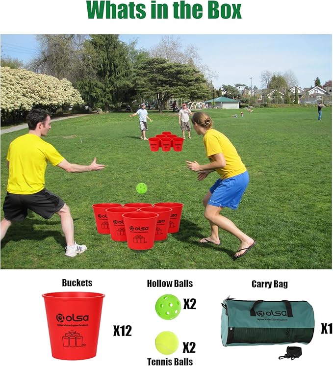 Olsa Giant Pong Yard Games, Yard Pong Outdoor Games for Adults and Family, Toss Backyard Lawn Games with 12 Buckets, Balls, Strength Carrying Bag for Beach Camping Backyard Party(Red)