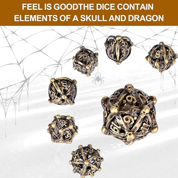 DND Metal Dice Set, UBEUCK 7PCS Gear Metal DND Dice Set for Dungeons & Dragons Board Games Boxes (Bronze dice)