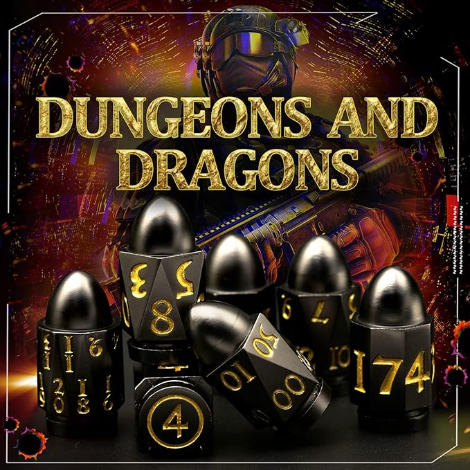 Bullet Dice Set, DND Dice Metal Revolver，ZHOORQI D6 Gun Dice D&D Gifts for Dungeons and Dragons, RPGs(7-Black Gold)
