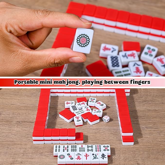 Traditional Mini Red Chinese Mahjong Game Set 144 Tiles, with Portable Handbag, Tile Size - 2.4 * 1.5 * 1.1 cm (1.0 * 0.6 * 0.5 inches)(中国麻将)