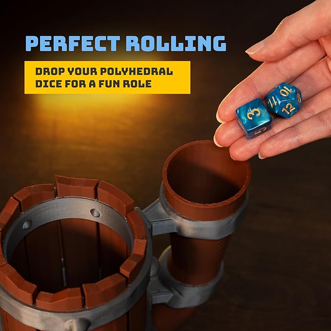Mug Dice Tower - Dice Rolling Tower, for DND and Tabletop Games, Drink Holder, Tavern Style Board Game Roller, Comes with Random Polyhedral dice, Brown / Grey, BGRS02