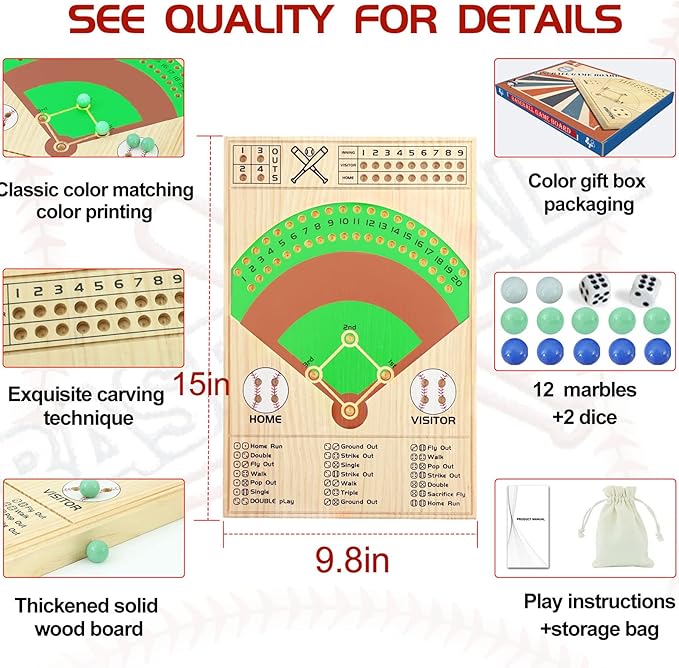 Baseball Dice Board Game Thick Solid Wood Dice and Marble Board Game Fun Color Pattern Double Battle Table Game for Family Party Holiday Gatherings (Log Color)…
