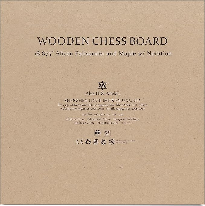A&A 18.875" Professional Wooden Tournament Chess Board/African Palisander & Maple Inlaid /2.0" Squares w/Notation