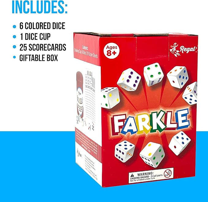 Regal Games - Farkle Classic Dice Game w/ 6 Colored Dice, 1 Convenient Dice Cup for Easy Shaking, and 25 Score Sheets - Fun Family Game for Travel, Camp, and More - Ideal for 2-4 Players (Ages 12+)