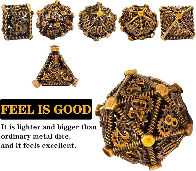 DND Metal Dice Set, UBEUCK 7PCS Gear Metal DND Dice Set for Dungeons & Dragons Board Games Boxes (Gear Ancient Golden)
