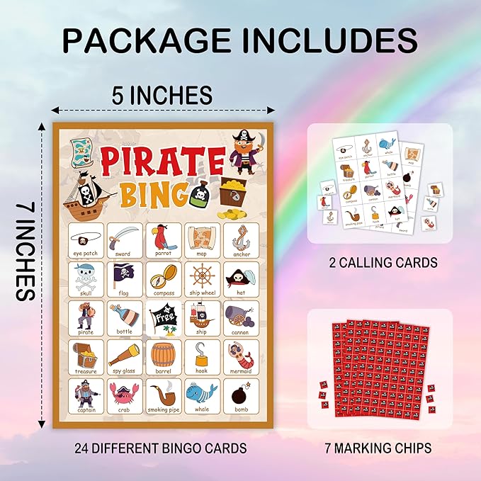 Pirate Party Bingo Card, Pirate Ship Adventures Bingo Game for Adults Family Friends, Pirate Party Favors Decorations, Pirate Games for Birthday Party, Holiday Games for 24 Players -06