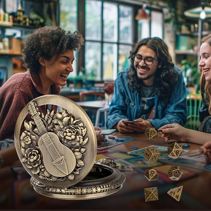 Mini DND Dice Set Steampunk Hollow Bard Pocket Watch Shell Case, 7pcs Tiny Polyhedral Metal D&D Dice Set, DND Gifts with Leather Bag, Role Playing Board Games Accessories, Bronze