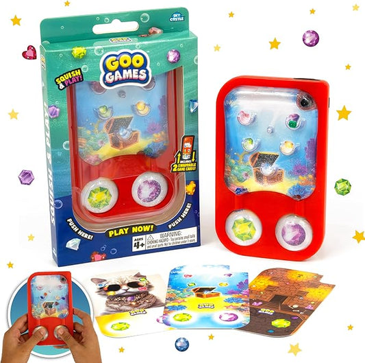 GooGames, Hand-Held Water Games with Floating Treasures, Sensory Fidget Game Adventures, Non-Toxic, No-Mess, Mesmerizing Glitter Fun, 3 Game Cards Included, Refillable, Perfect Travel Toy! (Gems)