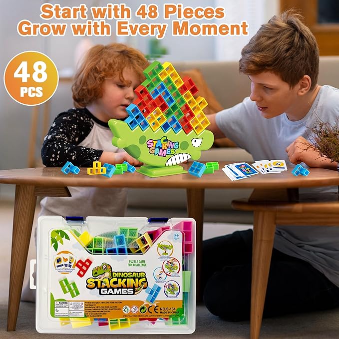 48PCS Dinosaur Balance Stacking Blocks with Travel Case | Montessori Fine Motor Skill Toys for Kids 3+ | Educational STEM Building Game for Focus & Coordination