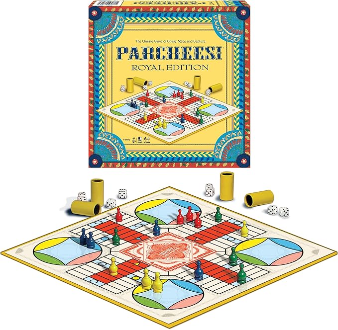 Parcheesi Royal Edition by Winning Moves Games USA, classic family favorite featuring charming artwork, tokens and dice cups for 2-4 players, Ages 8+ (6106)