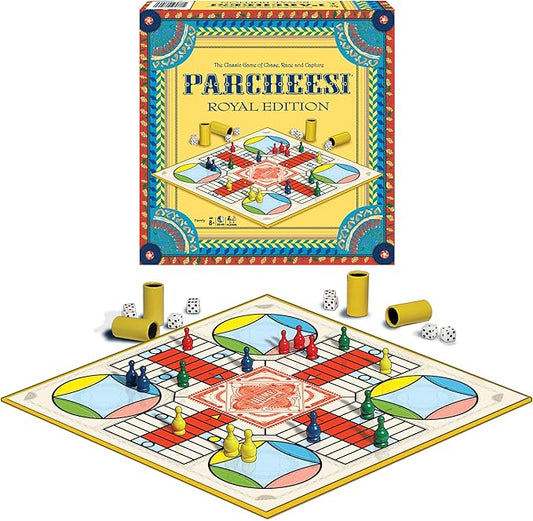 Parcheesi Royal Edition by Winning Moves Games USA, classic family favorite featuring charming artwork, tokens and dice cups for 2-4 players, Ages 8+ (6106)