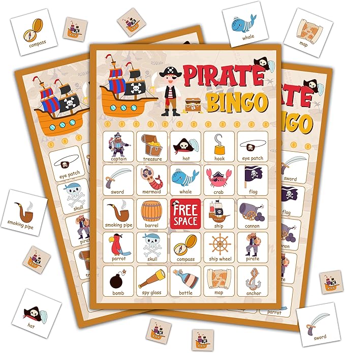 Pirate Bingo Game, Pirate Party Games Bingo Cards for Adults, School Party, s Birthday Party Games, Pirate Party Favors Supplies Decorations, 24 Players Bingo Game (B09)