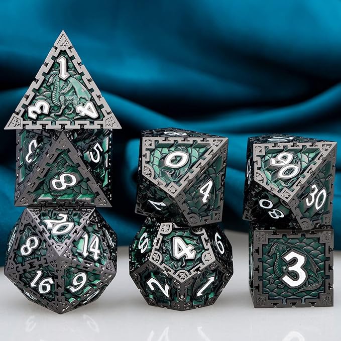 ARUOHHA 7pcs DND Metal Dice Set Polyhedral RPG Role Playing Game D and D Dice with Gift Box, D20 D12 D10 D8 D6 D4 (Green)