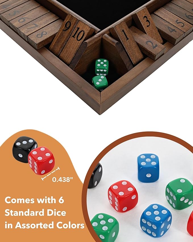 WE Games Shut The Box Wooden Board Game - Classic 4 Player Table Top Math Dice Game, Walnut Stained Wood, 8.5 inch Travel Size, 10 Numbers, for Families and Adults