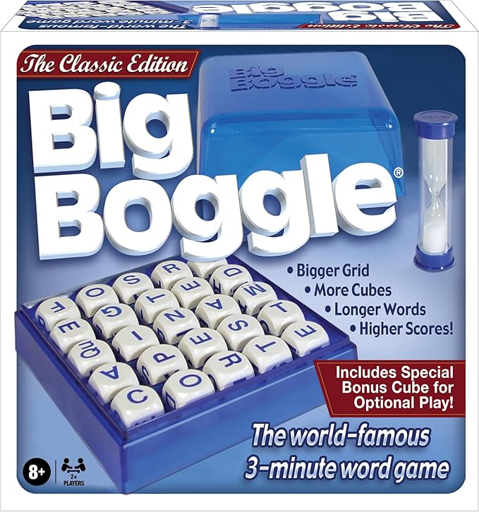 Big Boggle with 5x5 Grid and 25 Letter Cubes by Winning Moves Games USA, Thought Provoking Word Game Bigger Than the Original, for 2 or More Players, Ages 8+ (1147)