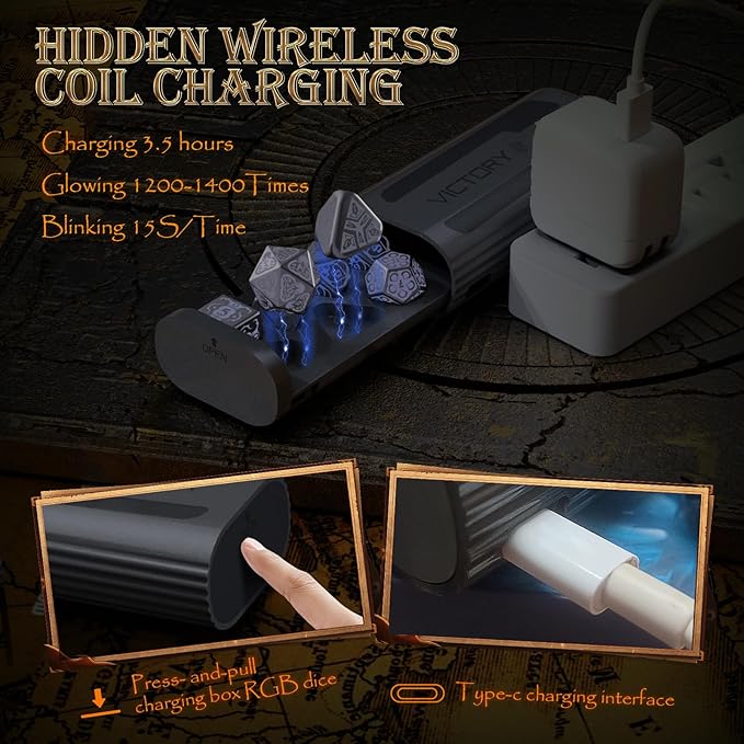 Wireless Charging DND Dice Set with Charging Box, Light Up Polyhedral Dice Set of D4 D6 D8 D10 D% D12 D20, 7PCS Glowing LED D&D Electronic Dice Set for RPG MTG Table Games