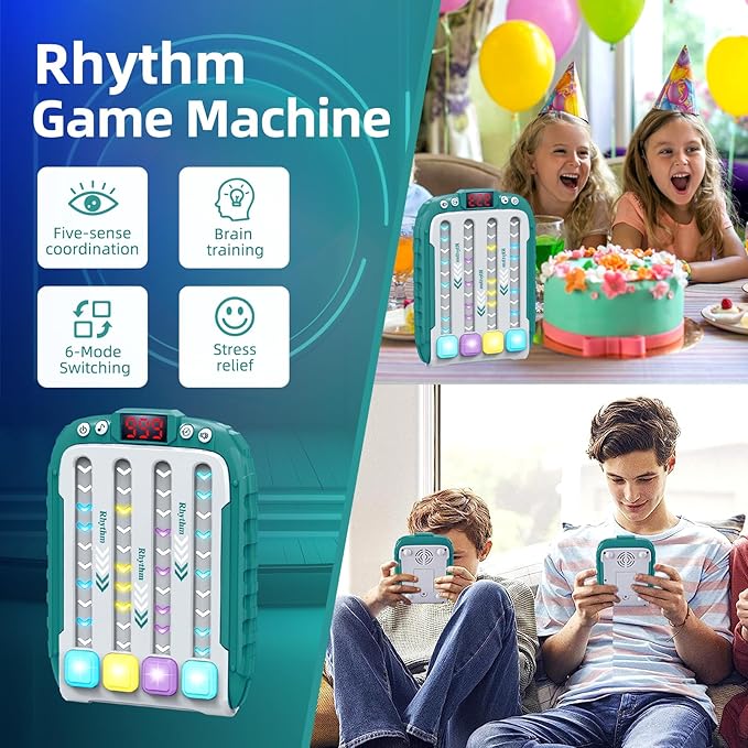 Electronic Music Rhythm Game Machine, Handheld Game for Kids, Travel Game Fast Press Push Game Fidget Toy, Autism Toy Puzzle Game with Music & Light, Toys Gifts for Boys Girls Ages 3-12 (Green)