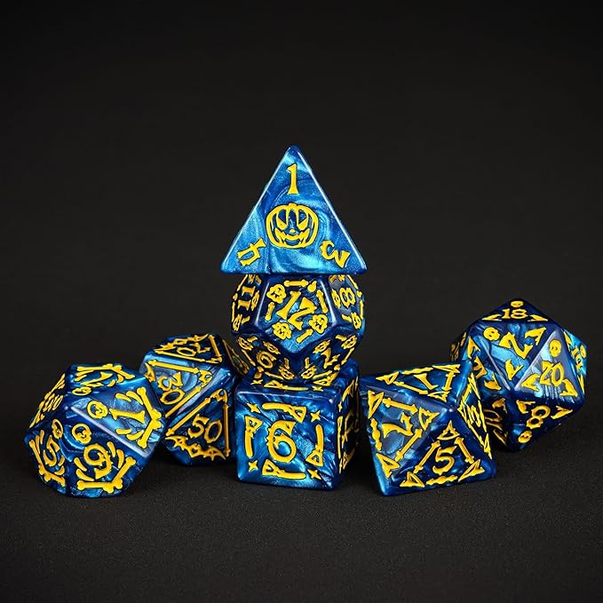7-Die DND Dice Set Halloween Pattern Polyhedral Dice Set with Leather Bag, Skull Dice D&D Dice Set for Dungeons and Dragons RPG Table Games (Halloween Pattern-Blue)