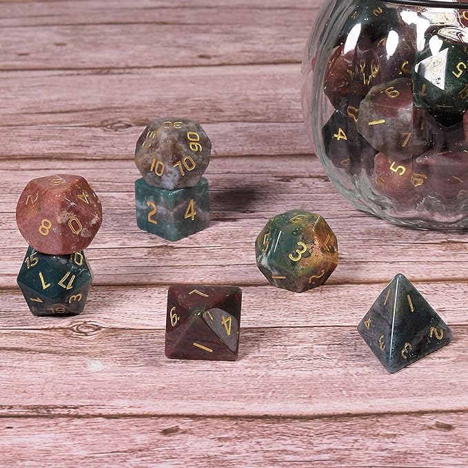 Nupuyai Healing Indian Agate Crystal D&D Polyhedral Dice Set with Box for Dungeons and Dragons, Set of 7 Table Top Game Dice for RPG MTG Roleplaying Collection