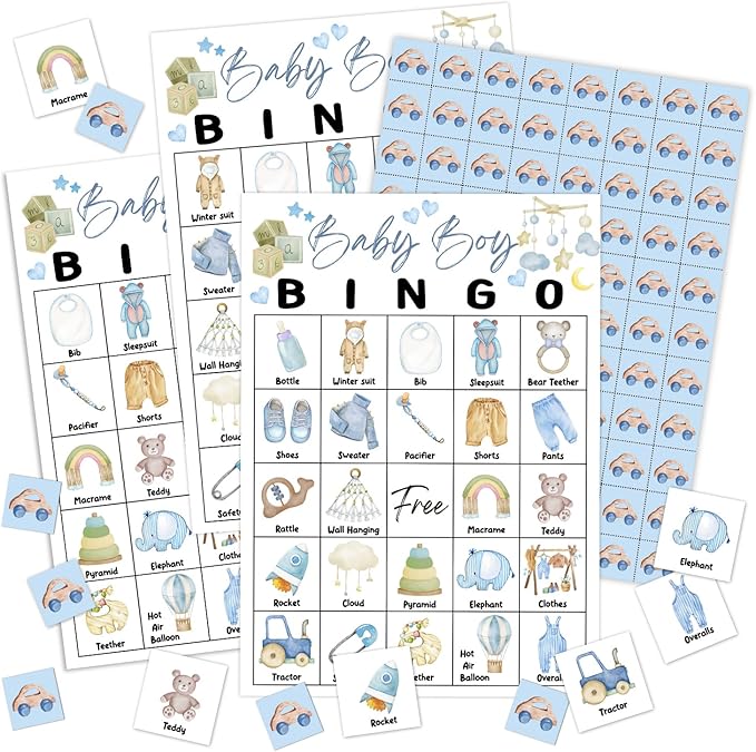 Blue Gender Reveal Bingo Game Cards - 24 Players, Neutral Gender Reveal Party Activities for Family Friends, Bingo Game Pregnancy Announcement Party Favor Supplies