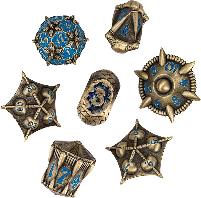 UDIXI Dragon Metal Dice Set D&D, 7-die Polyhedral Dice Set with Unique Shape for DND Dungeons and Dragons Role Playing Games(Bronze with Blue Number)