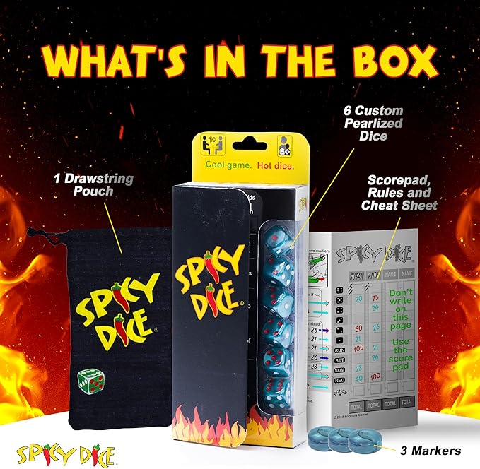 Teal - Like Card and Board Games? Like Farkle, Tenzi, LCR & Yacht? You'll Love Spicy Dice, with red dots for Wild or Double Score. Great for Travel.