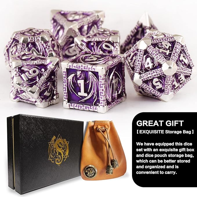 DND Dice Metal Dragon Set,Unique Dragon Design Dice with Gift Dice Bag for Dungeons & Dragon Games,Magic The Gathering,D and D D&D Dice Set (Silver Purple)