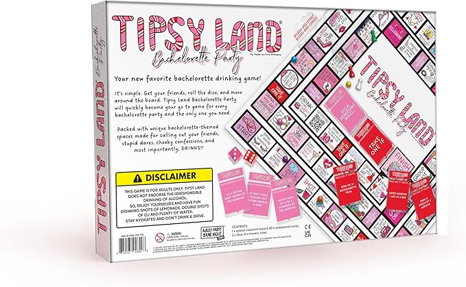 TIPSY LAND Bachelorette Edition Your New Favorite Party Board Game, More Than 75 Unique Spaces for Calling Out Friends, Silly Dares & Confessions, Mini Competitions