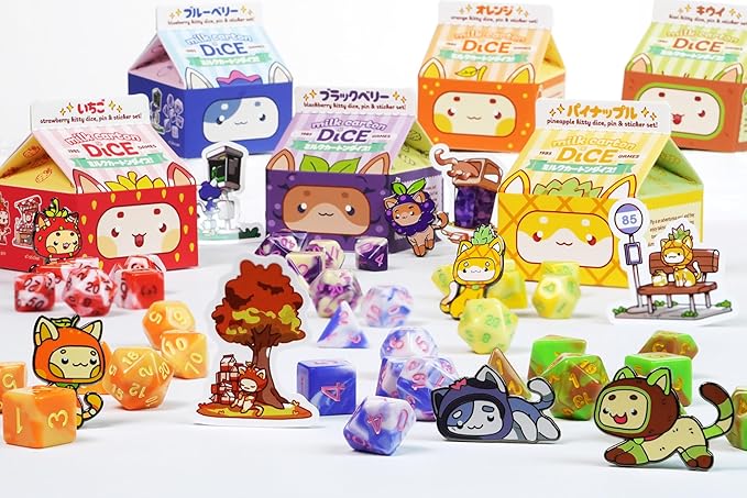 1985 Games Orange Kawaii Cat Dice Set – Milk Carton-Inspired Dice for DND | TTRPGs & Tabletop Roleplaying