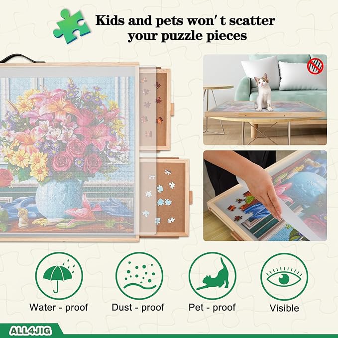 ALL4JIG 2-in-1 Tilting & Rotating Puzzle Board for 1500 Pieces, 34.2" x 25.2"Adjustable Angle Puzzle Board with 4 Drawers & Clear Protective Cover, Birthday Gift for mom