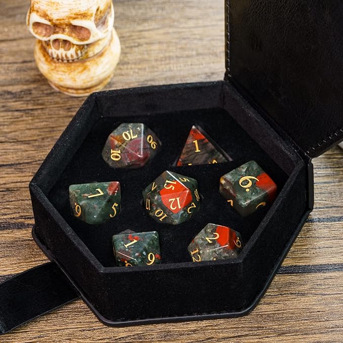 UDIXI Stone DND Dice Set, 7PCS Bloodstone Gemstone Dice Real Stone Dice with Gift Case for Dungeons and Dragons D&D and Tabletop Games