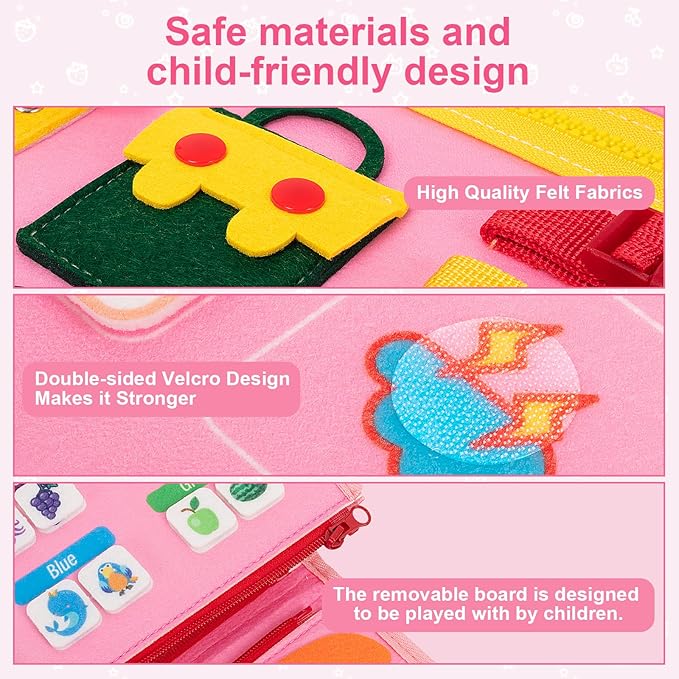 Pink Toddler Busy Board Montessori Toys for 1-3 Year Old Girl Birthday, Educational Activities Developing Sensory Board with Life Skill, Travel Toys for Plane Car