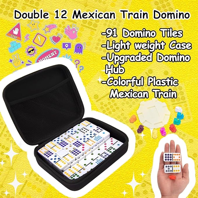 Double 12 Mexican Train Dominoes, 91 Tiles Dot Dominoes Games in Portable Case with 9 Trains Instruction Booklet Score Pads and Octagon Shape Hub Family Party Table Games