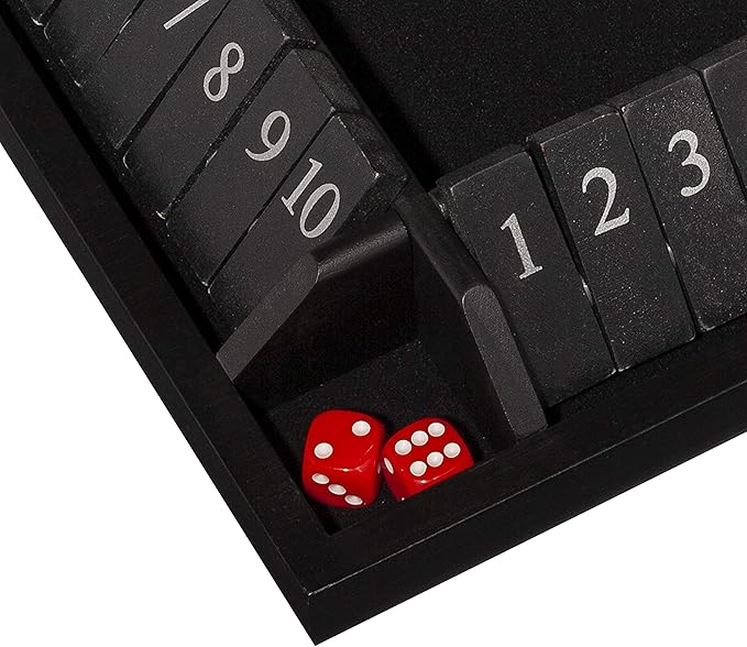WE Games Shut The Box Board Game - Classic 4 Player Wooden Table Top Dice Game for Family Game Night, Black Stained Wood, 14 in., 10 Numbers, Classroom Play or Bar Fun for Adults