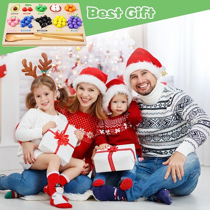Wooden Board Rainbow Beads Sorting Stacking Counting Games, Toddler Montessori Matching Color Toys Preschool Learning Educational Toys for 3 4 5 Years Old Boys Girls