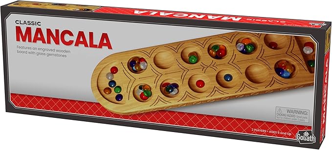 Classic Mancala Game - Features A Full-Sized, Solid Wooden Board with Exquisite Detail Stones by Pressman For 2 Players