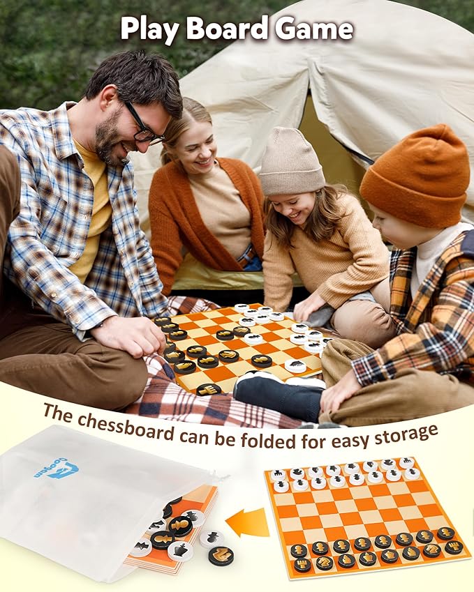 Coogam Chess and Checkers Board Game, 3-in-1 Tic Tac Toe Vintage Table Game with Mat, Lawn Party Favor Activity Indoor Outdoor Travel Toy for Family Play