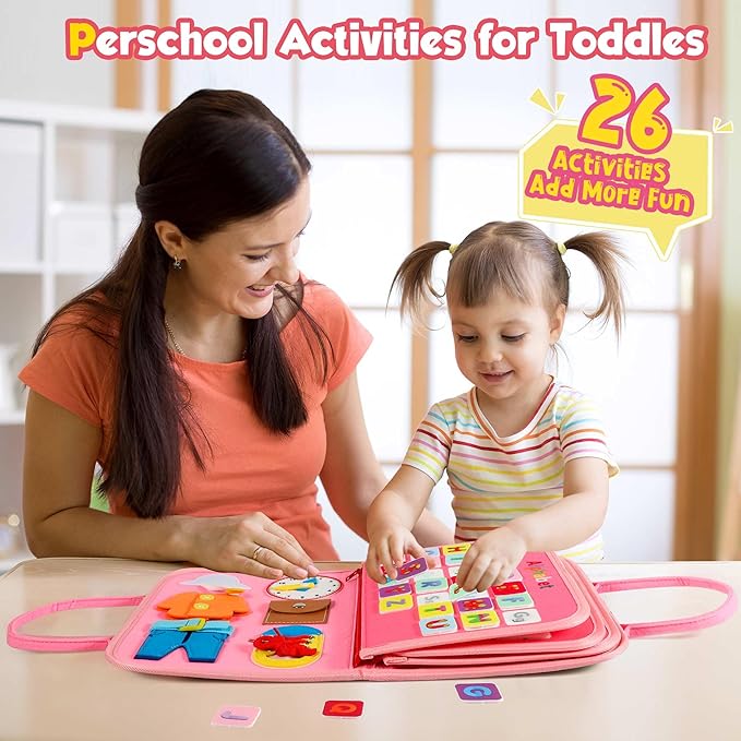 Toddler Busy Board - Montessori Toys for 2-3 Year Old Girl Birthday Gift, Educational Learning Sensory Busy Book for Two Year Old Girl, Airplane Car Travel Activities Toy for Kids Ages 2-4