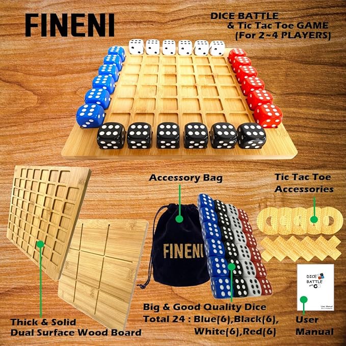 Dice Battle and TicTacToe Dual Sides Board Games, Wooden Coffee Table Games for Adults, 2~4 Player Bar Dice Games, Indoor Tabletop Game & 4 Players Wood Table Top Dice Game (Dual(2~4)/Log)