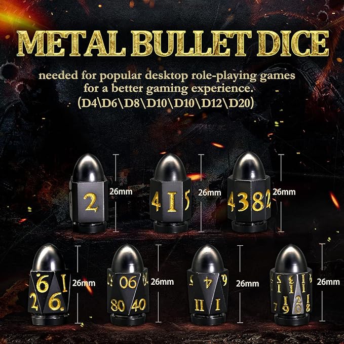 Bullet Dice Set, DND Dice Metal Revolver，ZHOORQI D6 Gun Dice D&D Gifts for Dungeons and Dragons, RPGs(7-Black Gold)