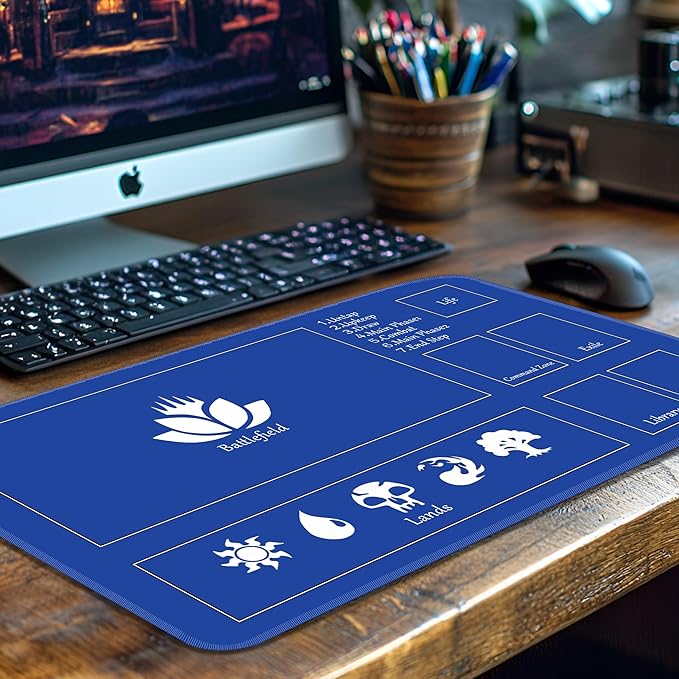 MTG Playmat Stitched with Magic Zone Non-Slip Rubber Backing Printing Commander Board Game Desk Mat Duel Mat TCG PTCG Playmat 24x14 inches and Free Storage Bags (Blue)