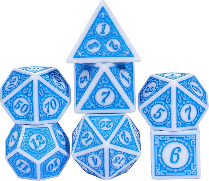 7PCs DND Dice Set, Unique Window Lattice Pattern D&D Dice Set with Leather Die Bag, Polyhedral Die for Dungeons and Dragons, RPG Table Games (Blue/White)