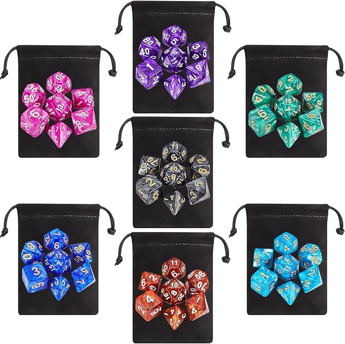 QMay Polyhedral Dice Set - 7 x 7 (49 Pieces) DND Dice with 7PCS Black Drawstring Bags Great for Dungeons and Dragons, RPG, MTG,Role Playing Table Games D4 D6 D8 D10 D% D12 D20